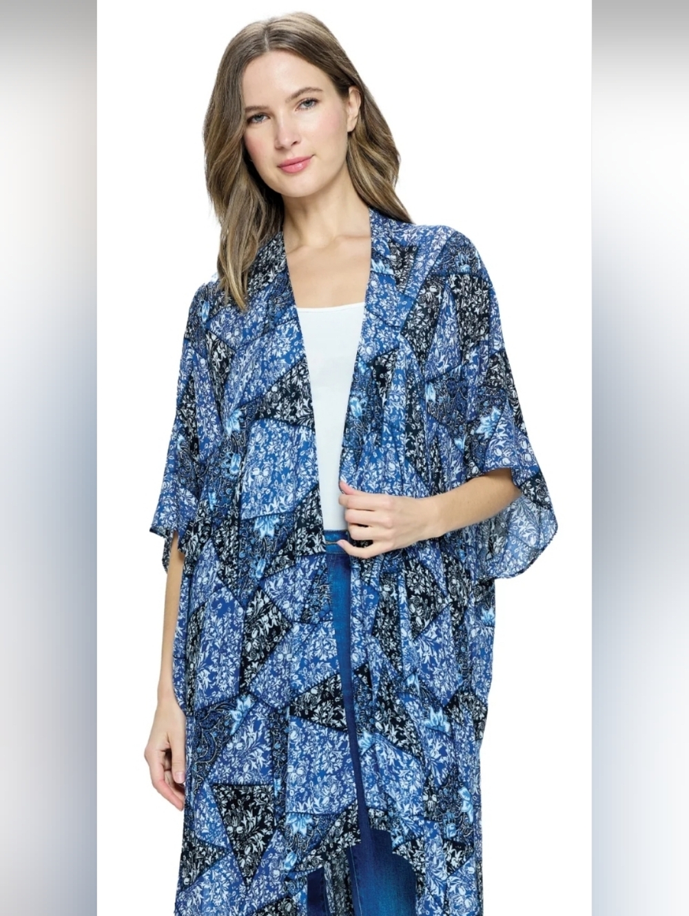 NWT Yak N Yeti Blue Patchwork Kimono Duster